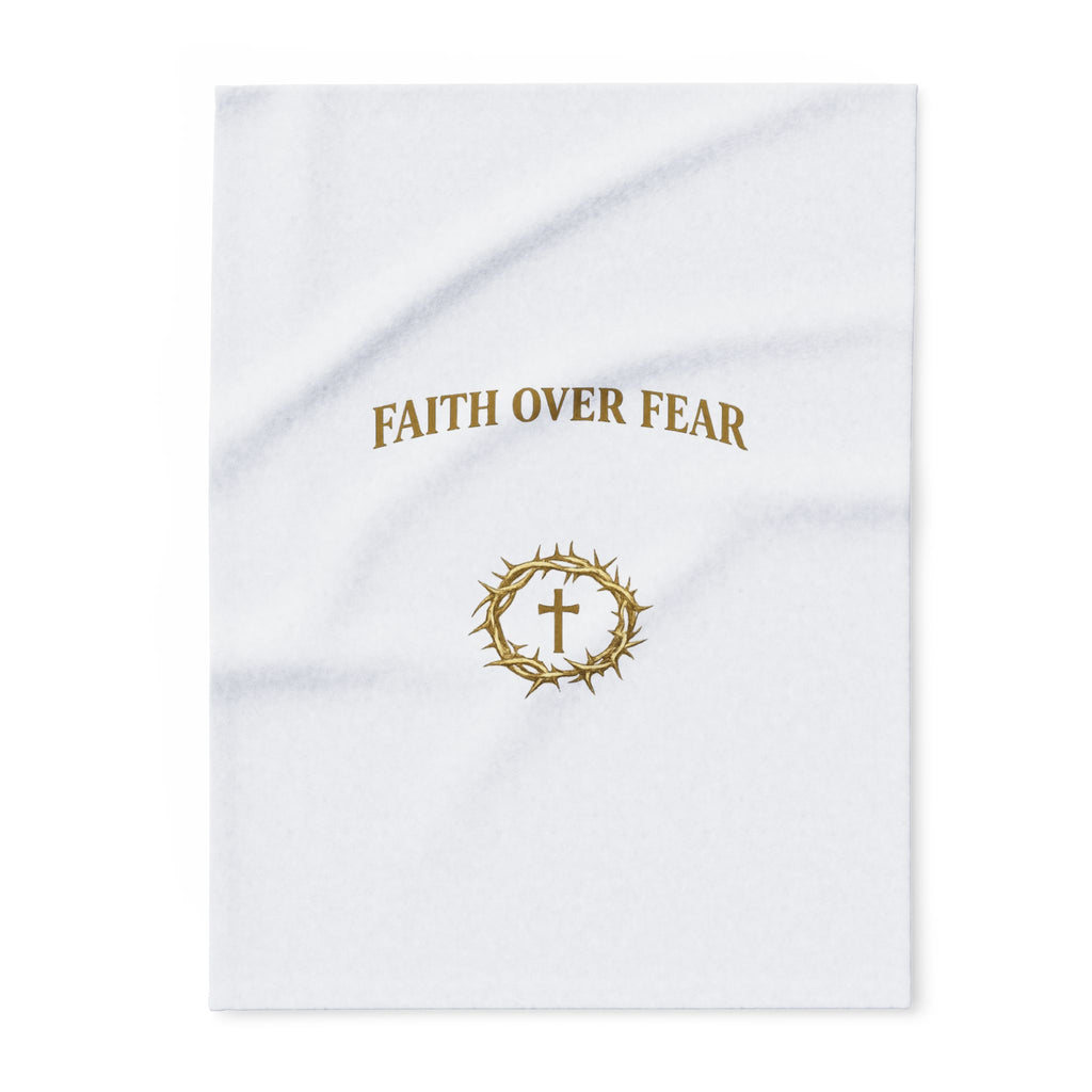 Faith Over Fear Fleece Blanket — Christian Inspirational Throw with Crown of Thorns Cross