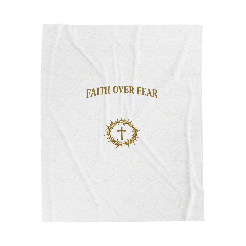 Faith Over Fear Velveteen Plush Blanket – Christian Cross & Crown of Thorns Throw