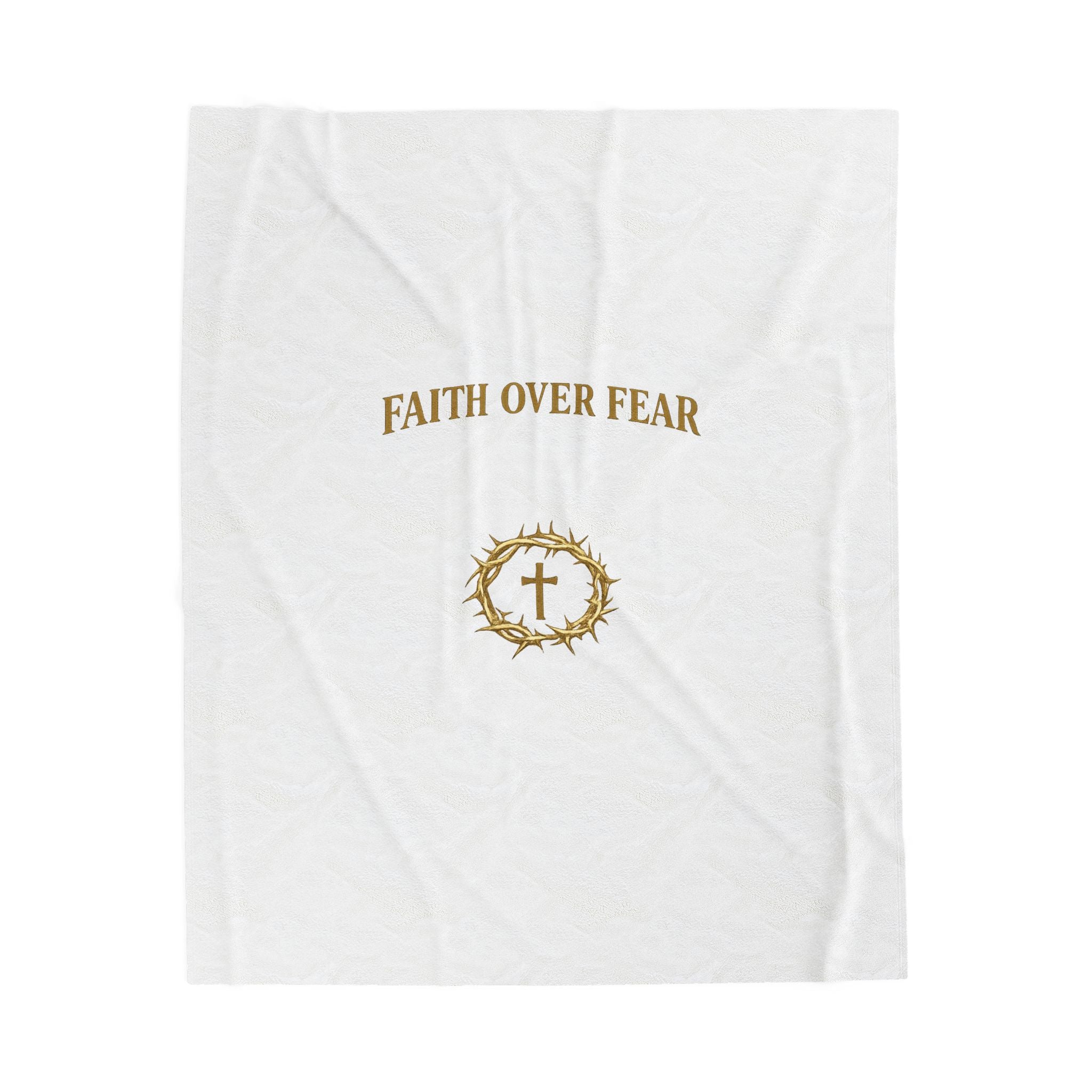 Faith Over Fear Velveteen Plush Blanket – Christian Cross & Crown of Thorns Throw
