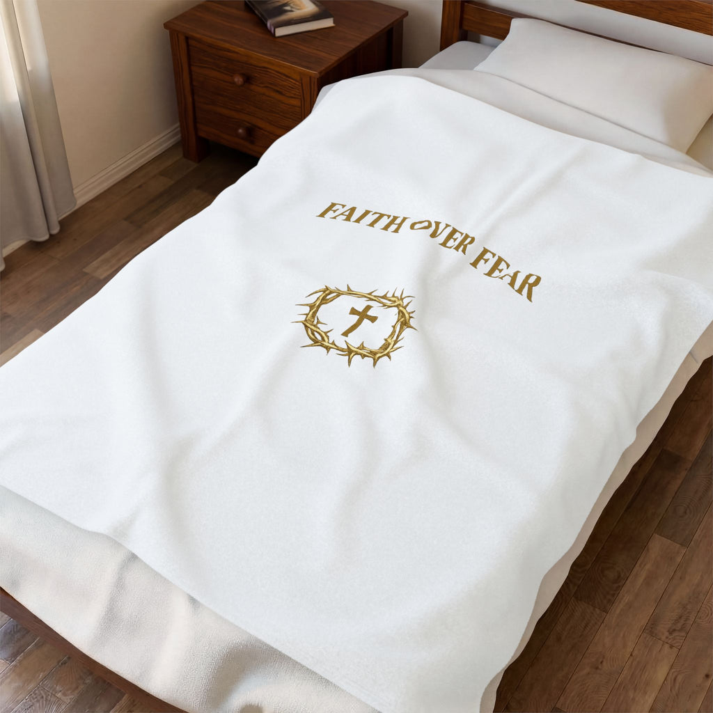 Faith Over Fear Velveteen Plush Blanket – Christian Cross & Crown of Thorns Throw
